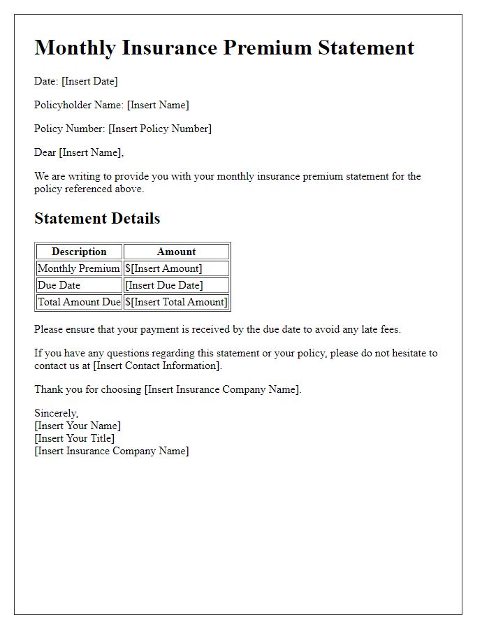 Letter template of monthly insurance premium statement