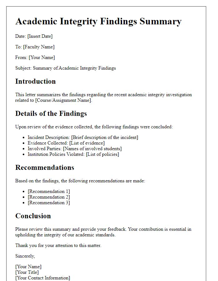 Letter template of academic integrity findings summary for faculty.