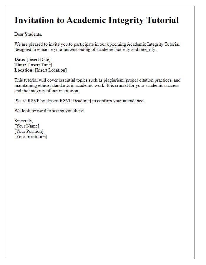 Letter template of academic integrity tutorial invitation for students.