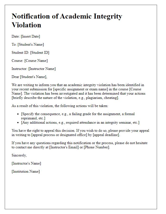 Letter template of academic integrity violation notification for students.