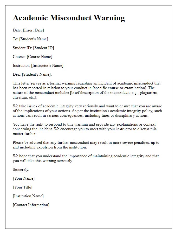 Letter template of academic misconduct warning for students.