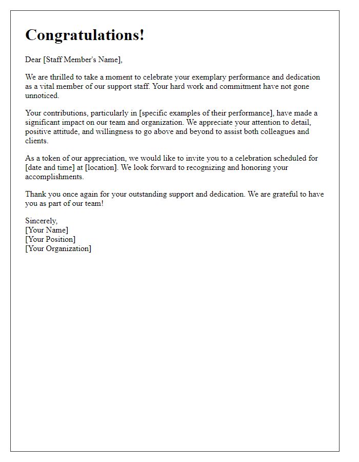 Letter template of celebration for exemplary support staff performance