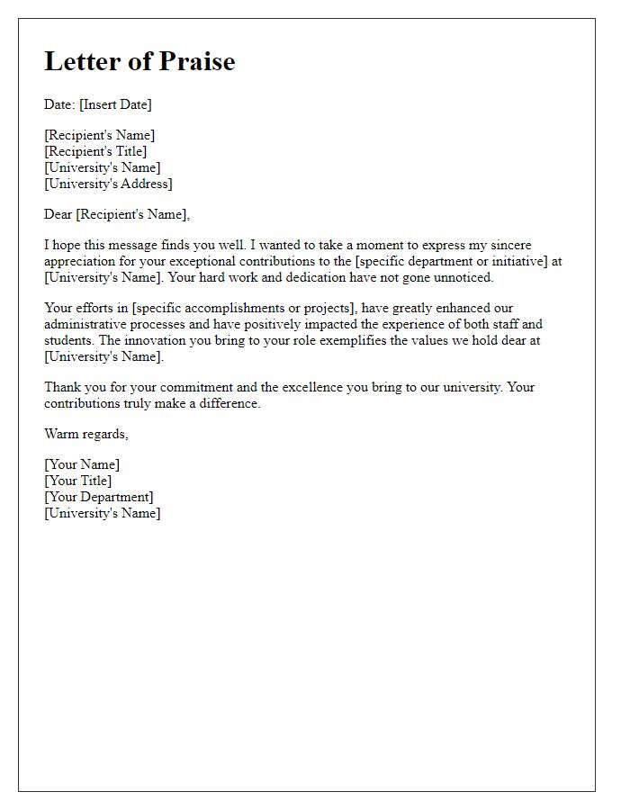 Letter template of praise for university administrative staff accomplishments