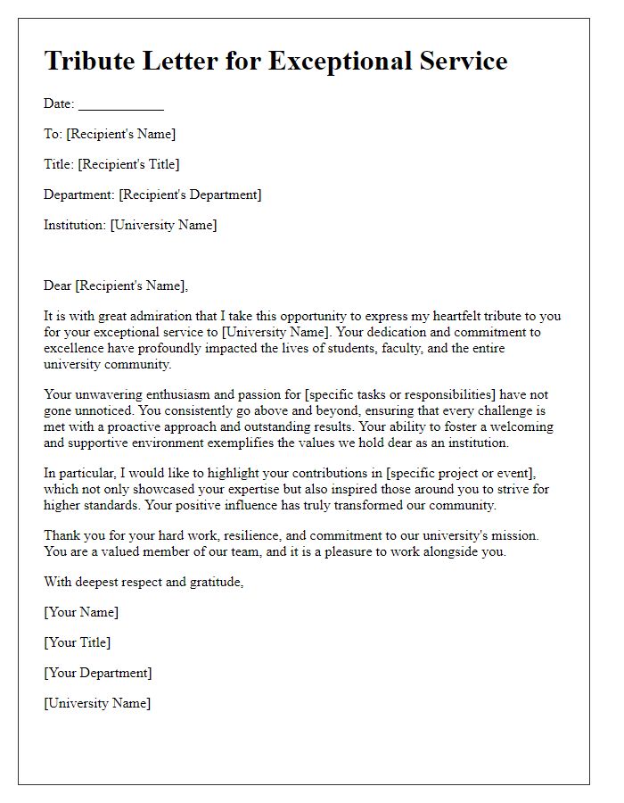 Letter template of tribute for exceptional university service staff