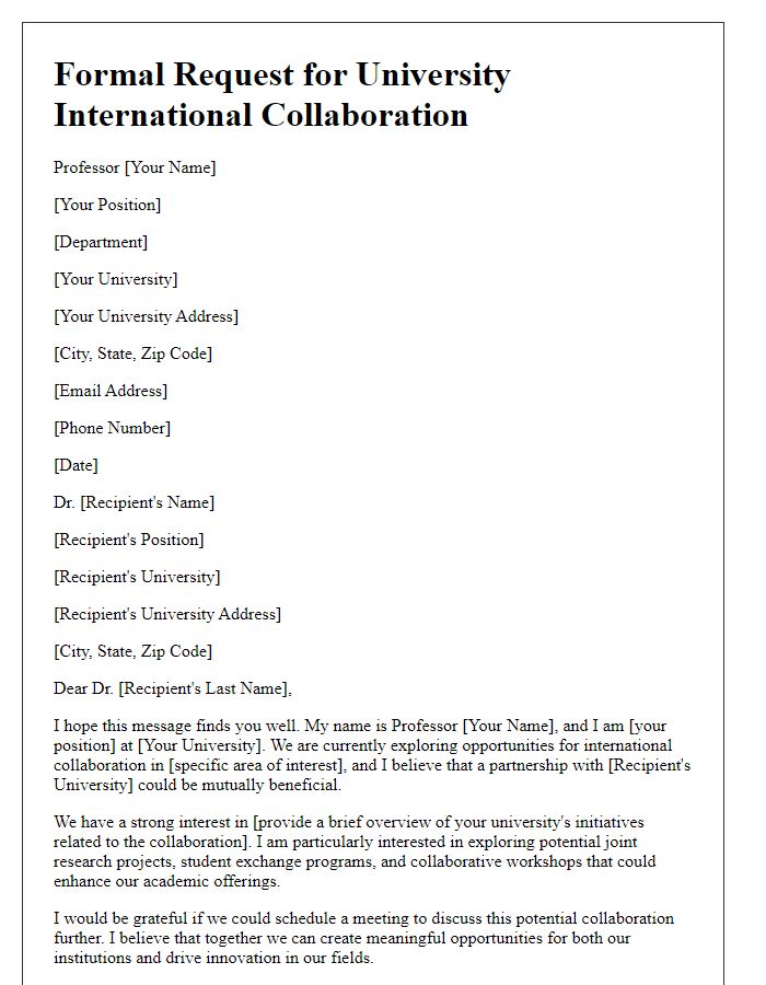 Letter template of formal request for university international collaboration