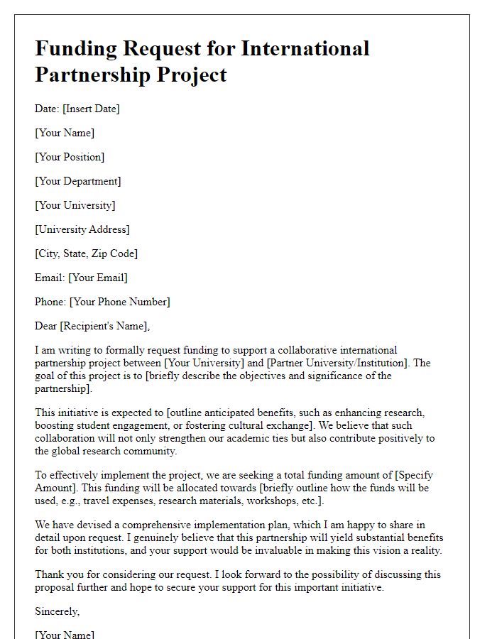 Letter template of funding request for university international partnership projects