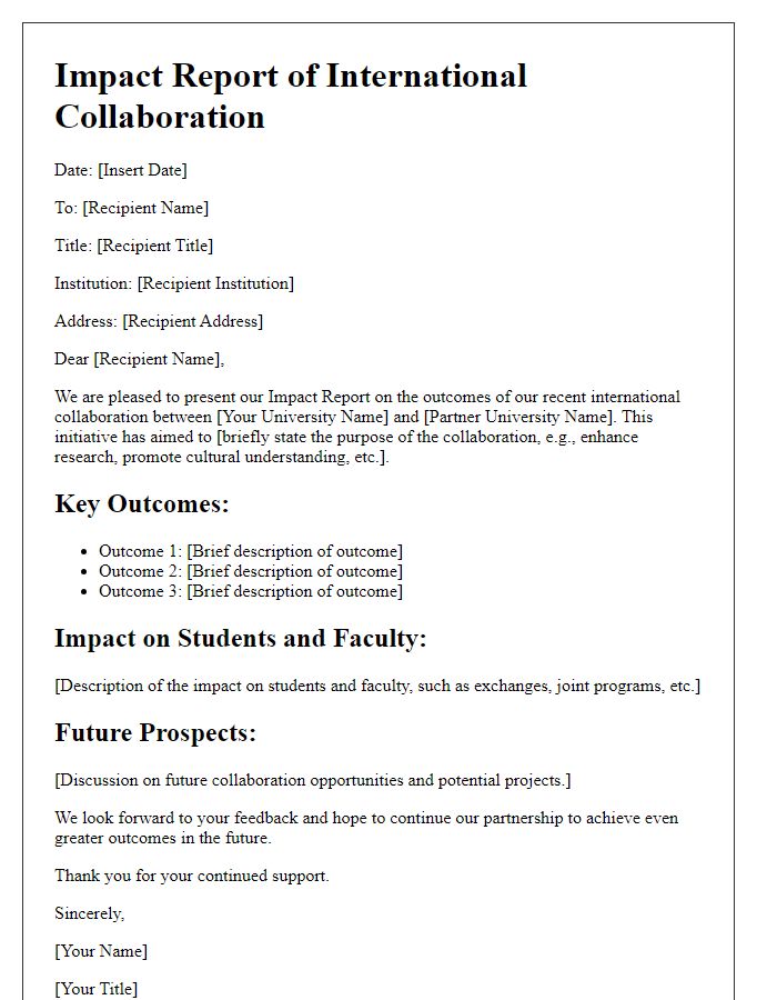 Letter template of impact report for outcomes of university international collaboration