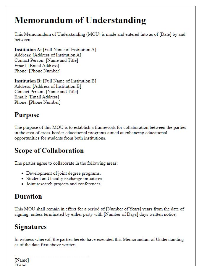 Letter template of memorandum of understanding for cross-border educational programs