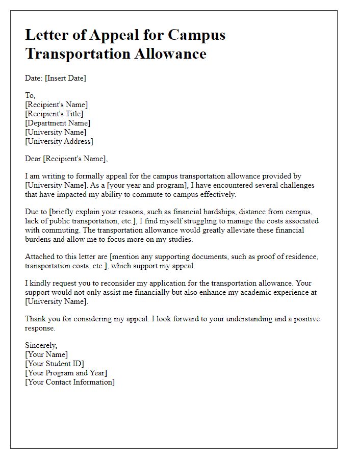 Letter template of Appeal for Campus Transportation Allowance