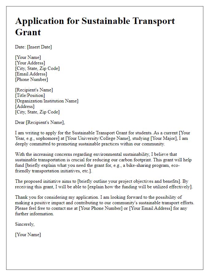 Letter template of Application for Sustainable Transport Grant for Students