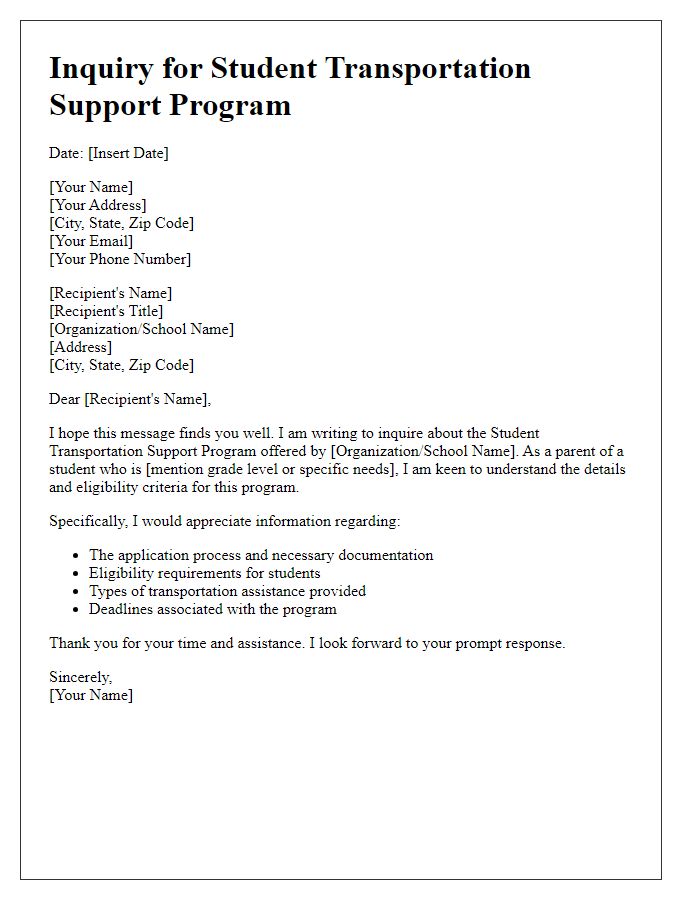 Letter template of Inquiry for Student Transportation Support Program