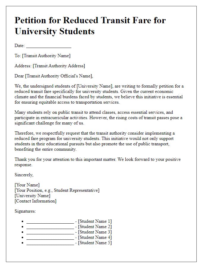 Letter template of Petition for Reduced Transit Fare for University Students