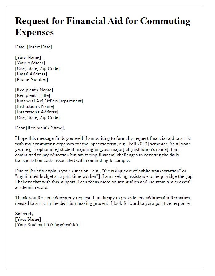 Letter template of Request for Financial Aid for Commuting Expenses