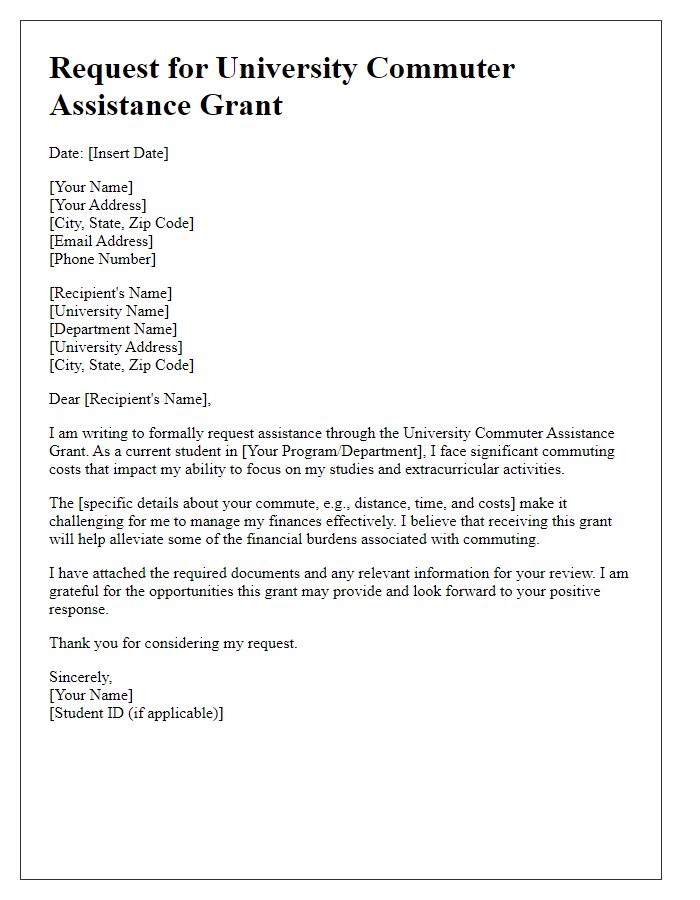 Letter template of Request for University Commuter Assistance Grant