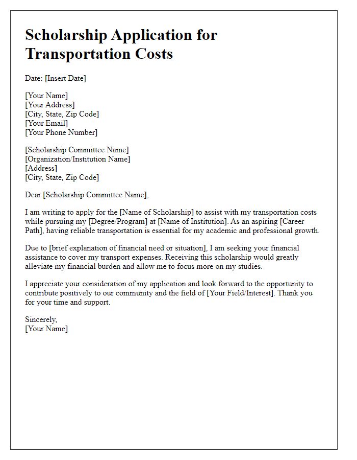 Letter template of Scholarship Application for Transportation Costs