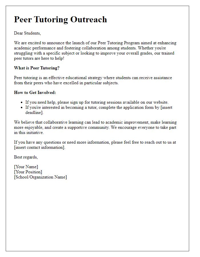 Letter template of Peer Tutoring Outreach for Academic Improvement