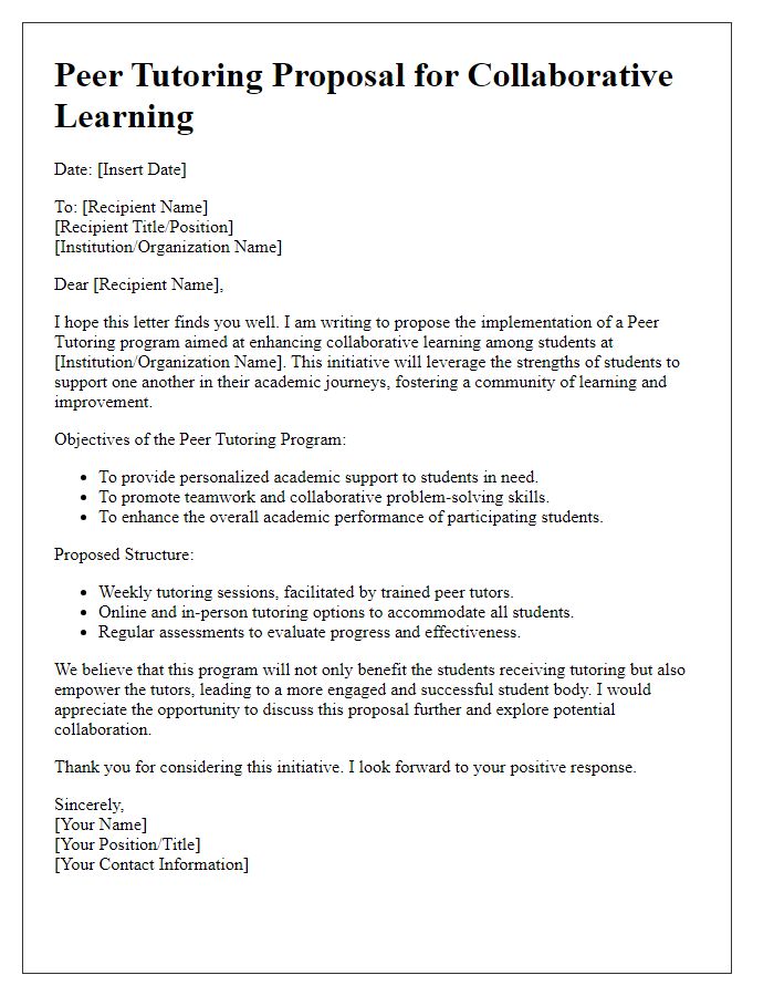 Letter template of Peer Tutoring Proposal for Collaborative Learning