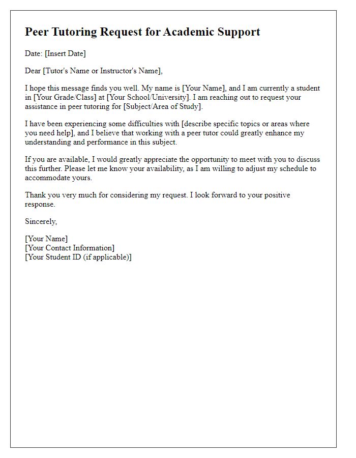 Letter template of Peer Tutoring Request for Academic Support