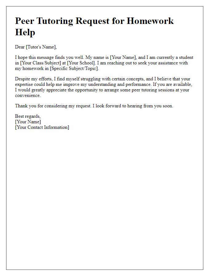 Letter template of Peer Tutoring Solicitation for Homework Help