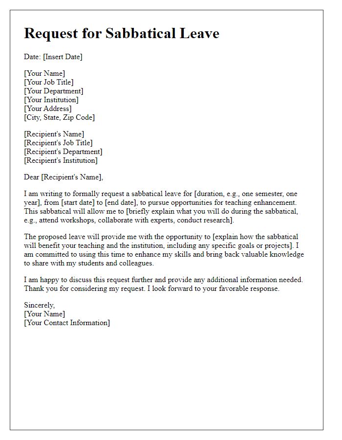 Letter template of request for sabbatical leave for teaching enhancement.