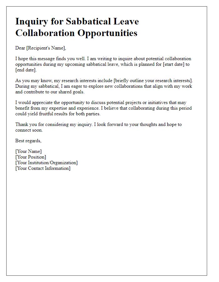 Letter template of sabbatical leave inquiry for collaboration opportunities.