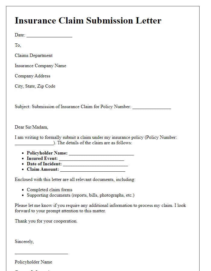 Letter template of insurance policy claim submission