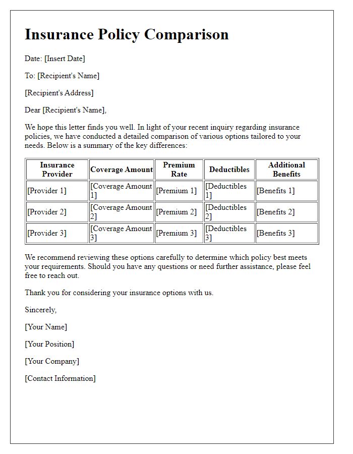 Letter template of insurance policy comparison