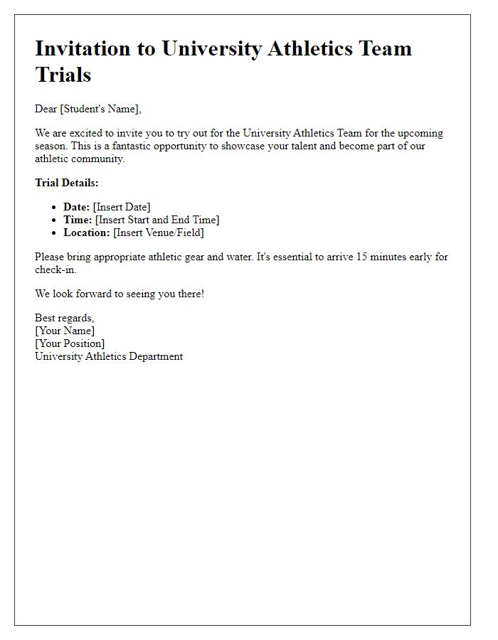 Letter template of university sports team trial invitation for athletics.