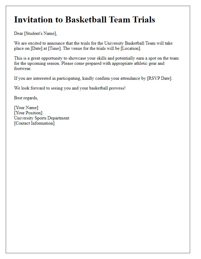 Letter template of university sports team trial invitation for basketball.