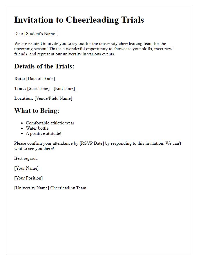 Letter template of university sports team trial invitation for cheerleading.