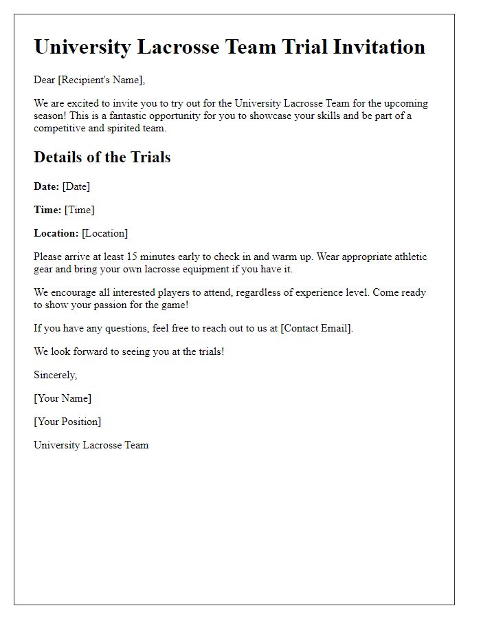 Letter template of university sports team trial invitation for lacrosse.