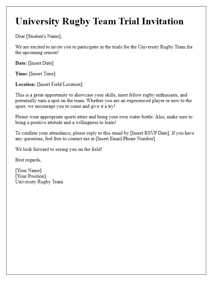 Letter template of university sports team trial invitation for rugby.