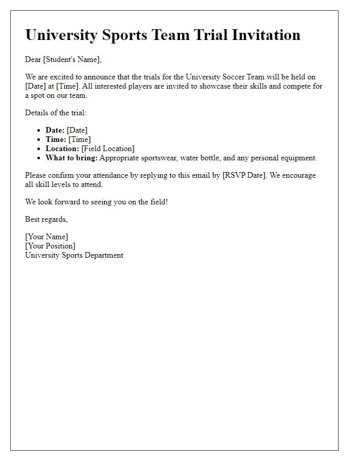 Letter template of university sports team trial invitation for soccer.