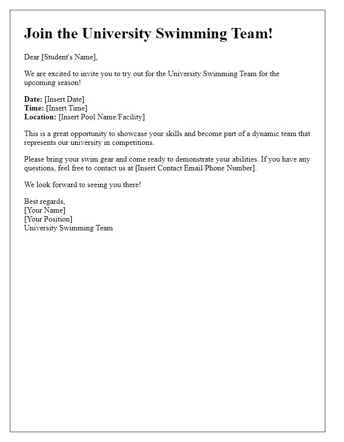 Letter template of university sports team trial invitation for swimming.