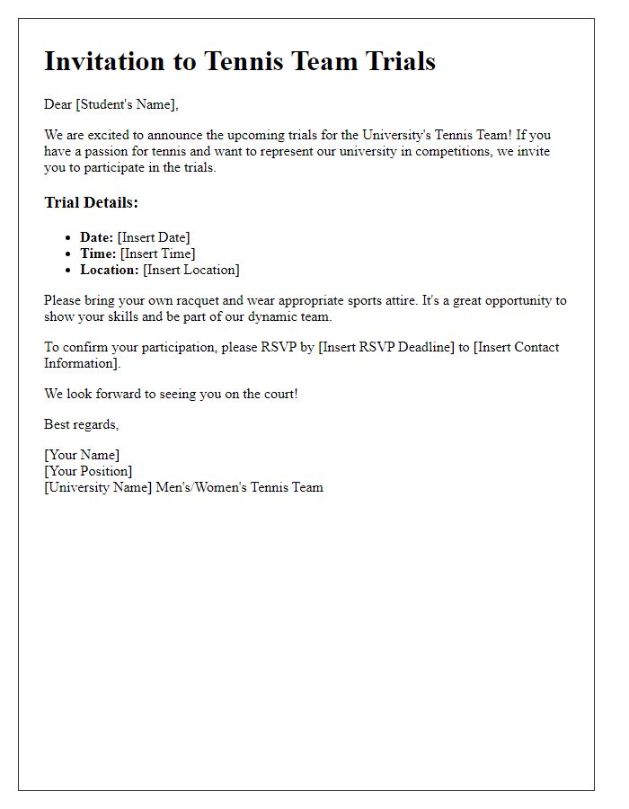 Letter template of university sports team trial invitation for tennis.