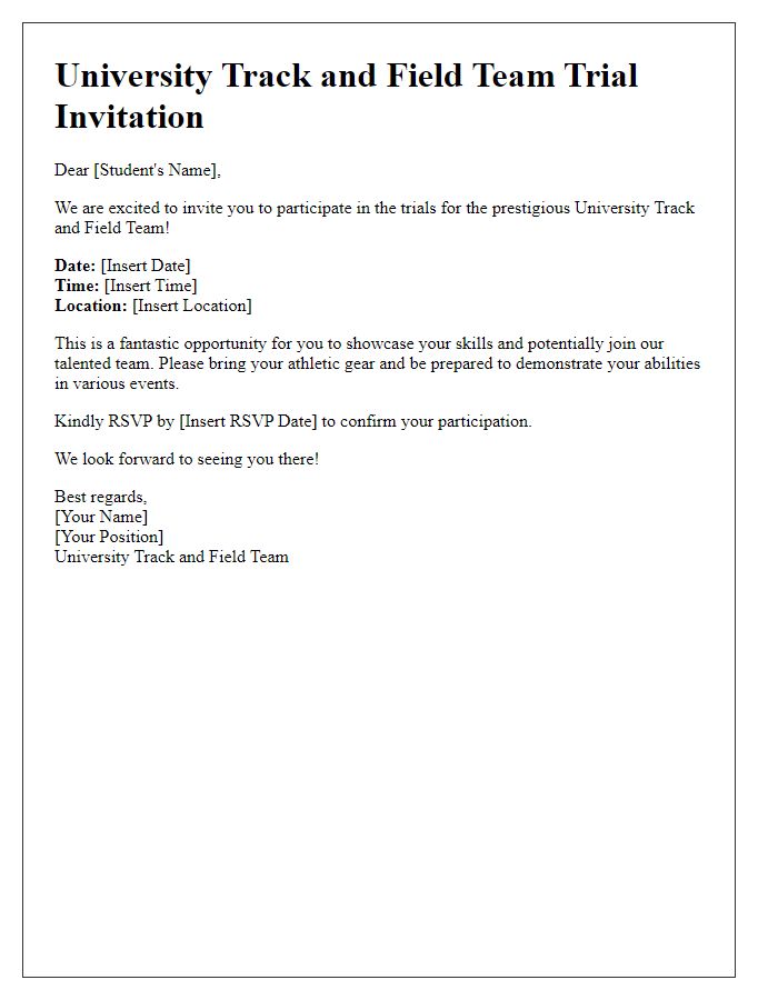 Letter template of university sports team trial invitation for track and field.