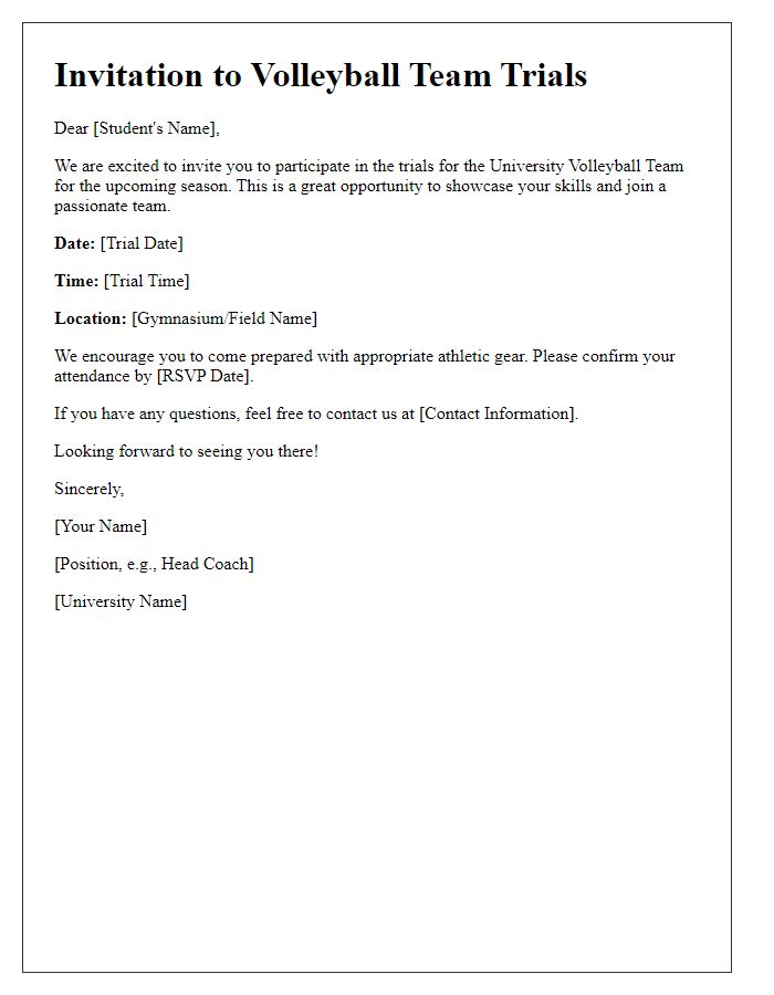 Letter template of university sports team trial invitation for volleyball.