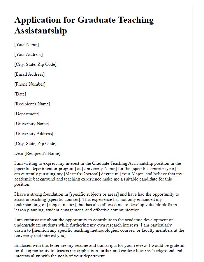 Letter template of application for graduate teaching assistantship