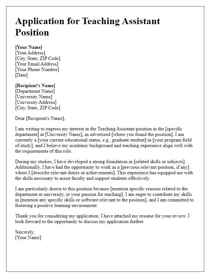 Letter template of application for university teaching assistant position