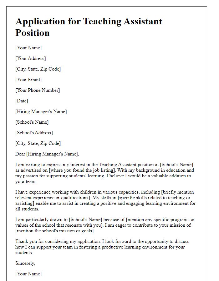 Letter template of covering letter for a teaching assistant application