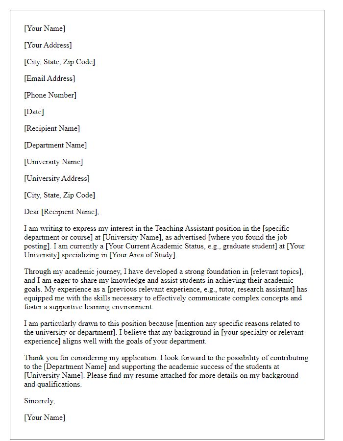 Letter template of express interest in a university teaching assistant position