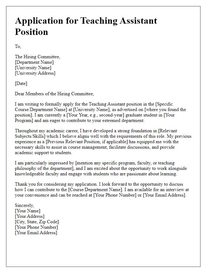 Letter template of formal application for a TA position in university