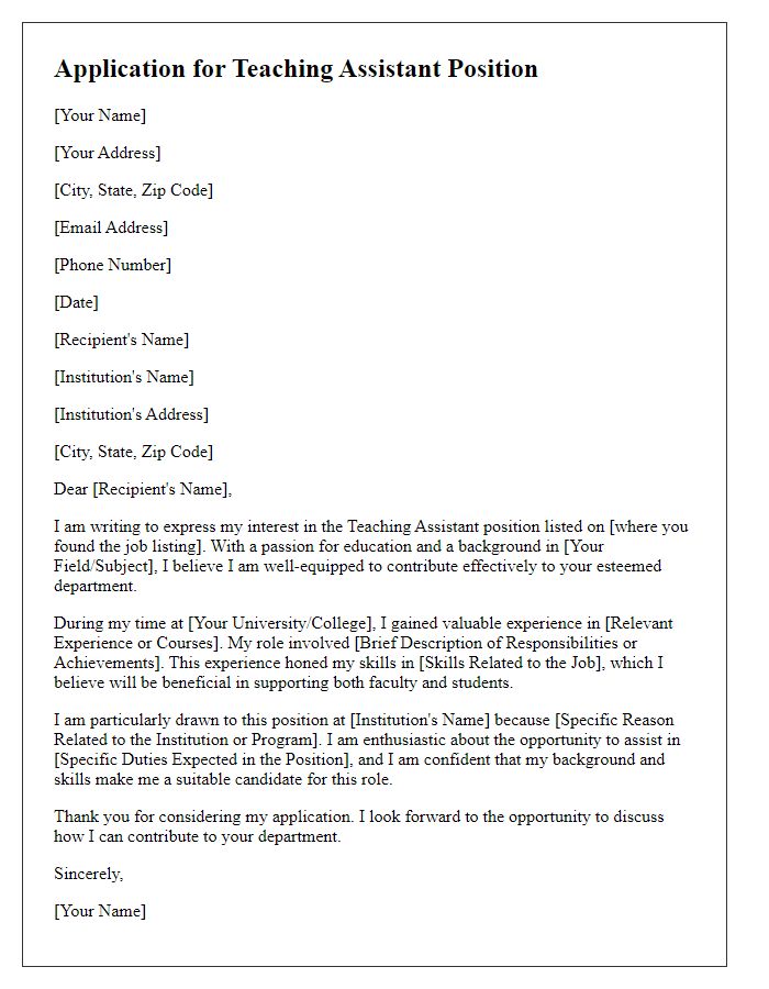 Letter template of professional letter for teaching assistant application