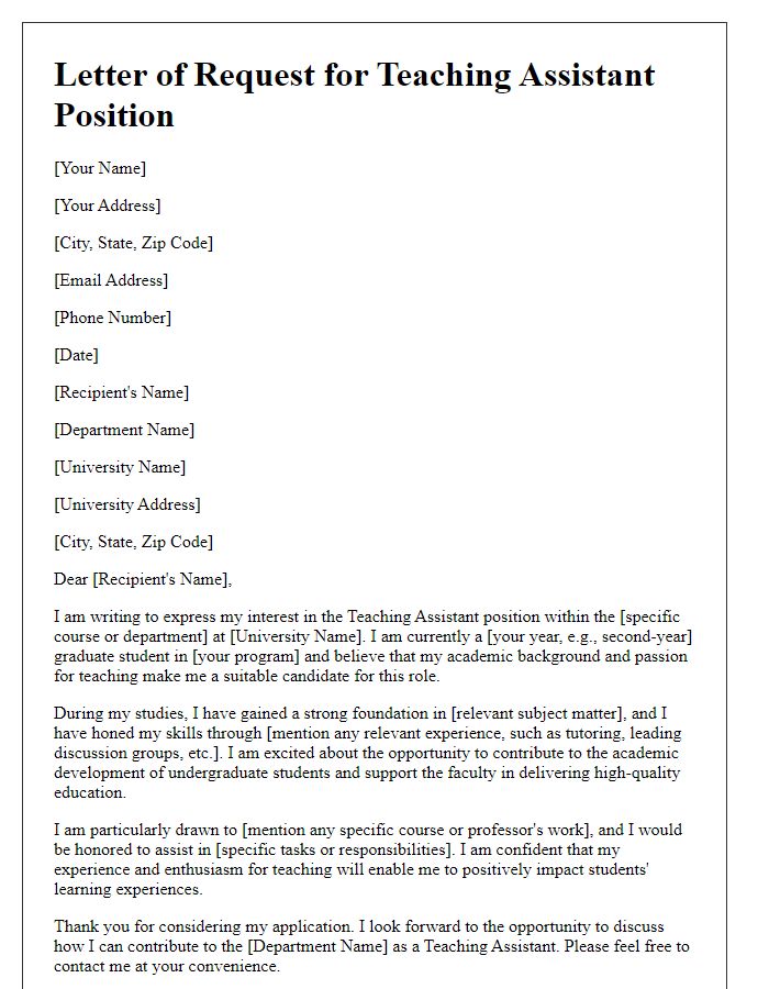 Letter template of request for teaching assistant role at the university