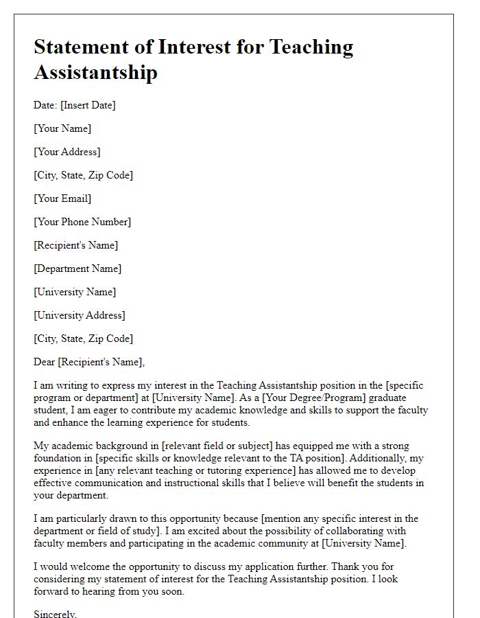 Letter template of statement of interest for teaching assistantship