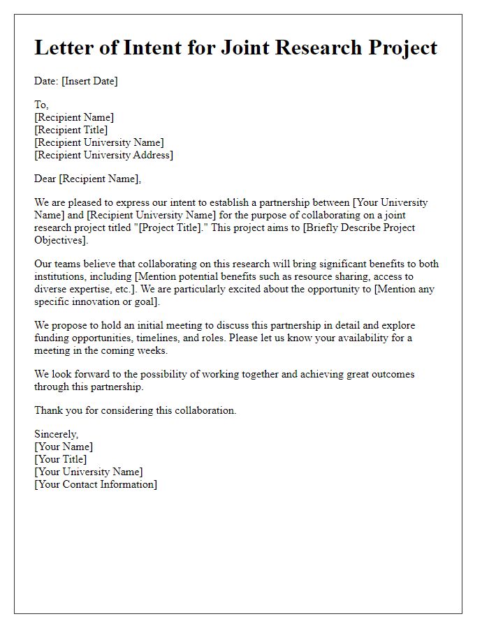 Letter template of university partnership for joint research project