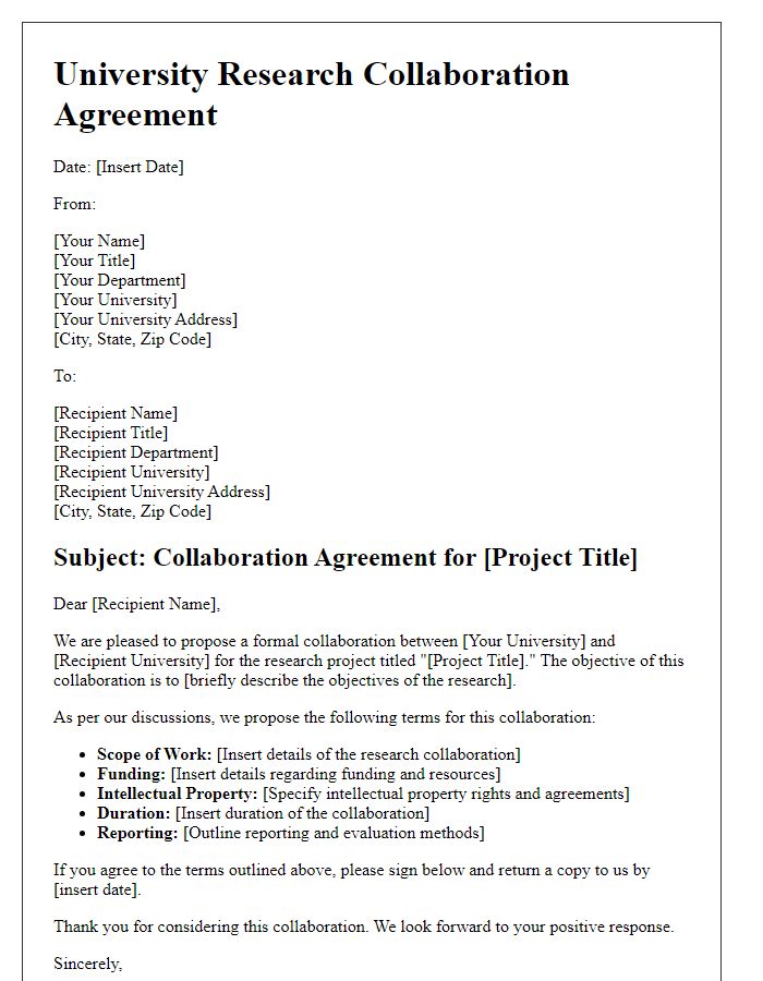 Letter template of university research collaboration agreement