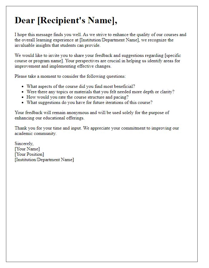 Letter template of appeal for student input on course improvements