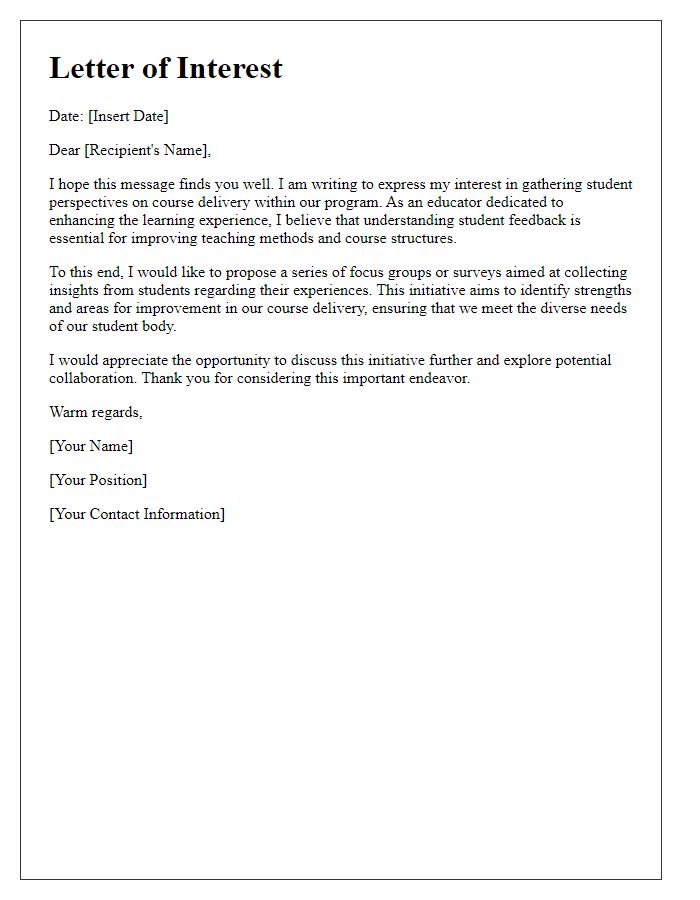 Letter template of interest in student perspectives on course delivery