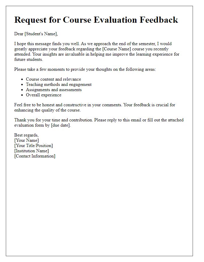 Letter template of request for student course evaluation feedback